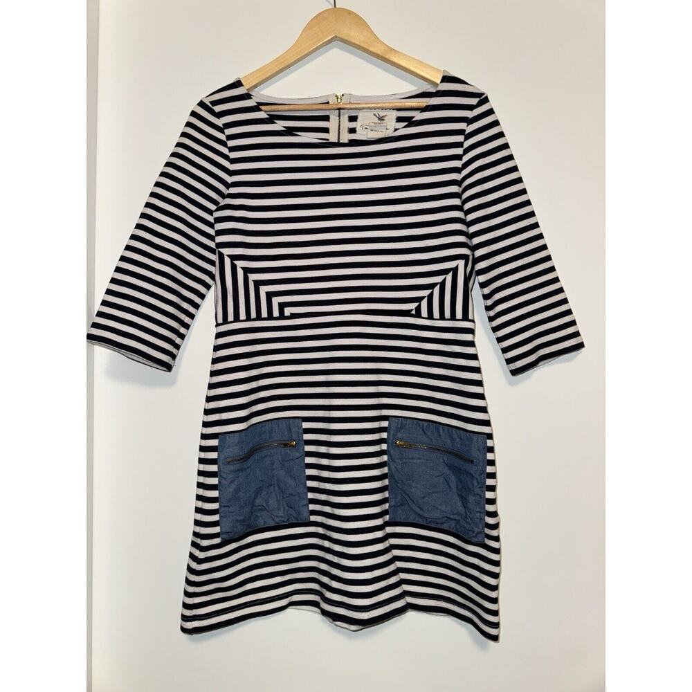 Tabitha Anthropologie Size 8 Marin Striped Sheath Dress Blue White 3/4 Sleeve - Picture 1 of 9